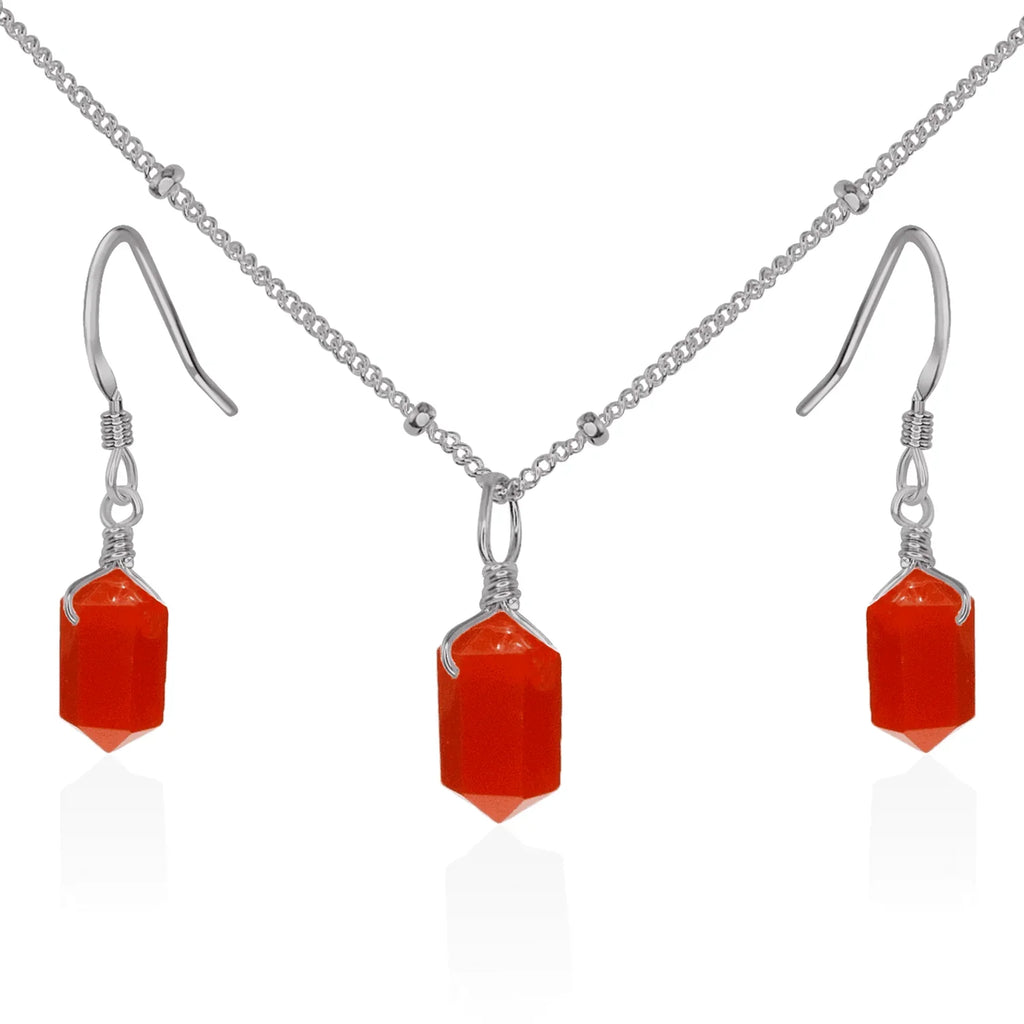 Carnelian Double Terminated Crystal Jewellery Set - Carnelian Double Terminated Crystal Jewellery Set - Stainless Steel / Necklace & Earrings / Satellite - Luna Tide Handmade Crystal Jewellery