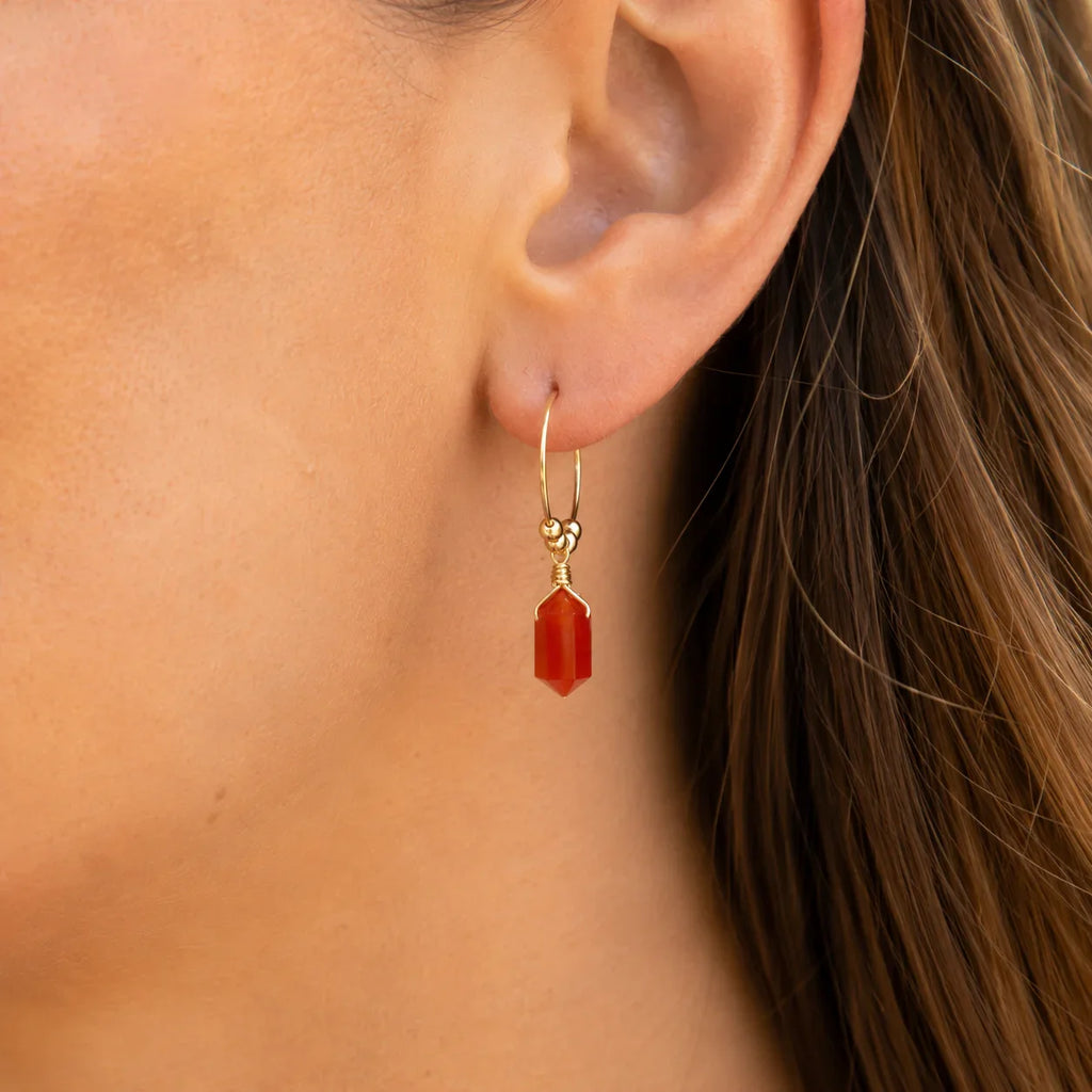 Double Terminated Carnelian Mini Crystal Point Dangle Hoop Earrings - Double Terminated Carnelian Mini Crystal Point Dangle Hoop Earrings - 14k Gold Fill - Luna Tide Handmade Crystal Jewellery
