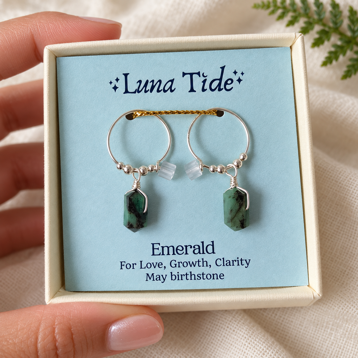 Double Terminated Emerald Mini Crystal Point Dangle Hoop Earrings