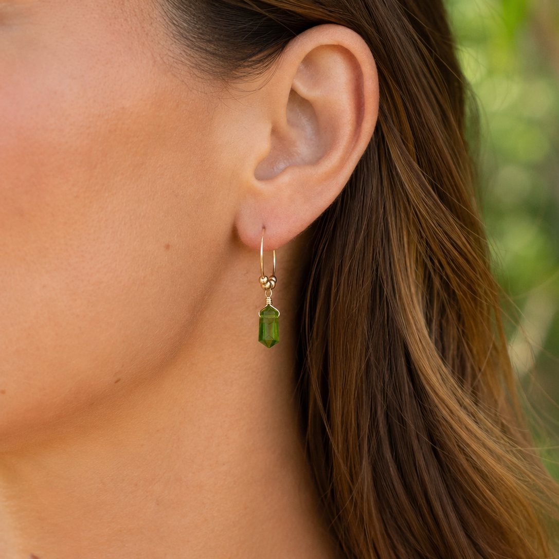 Double Terminated Peridot Mini Crystal Point Dangle Hoop Earrings