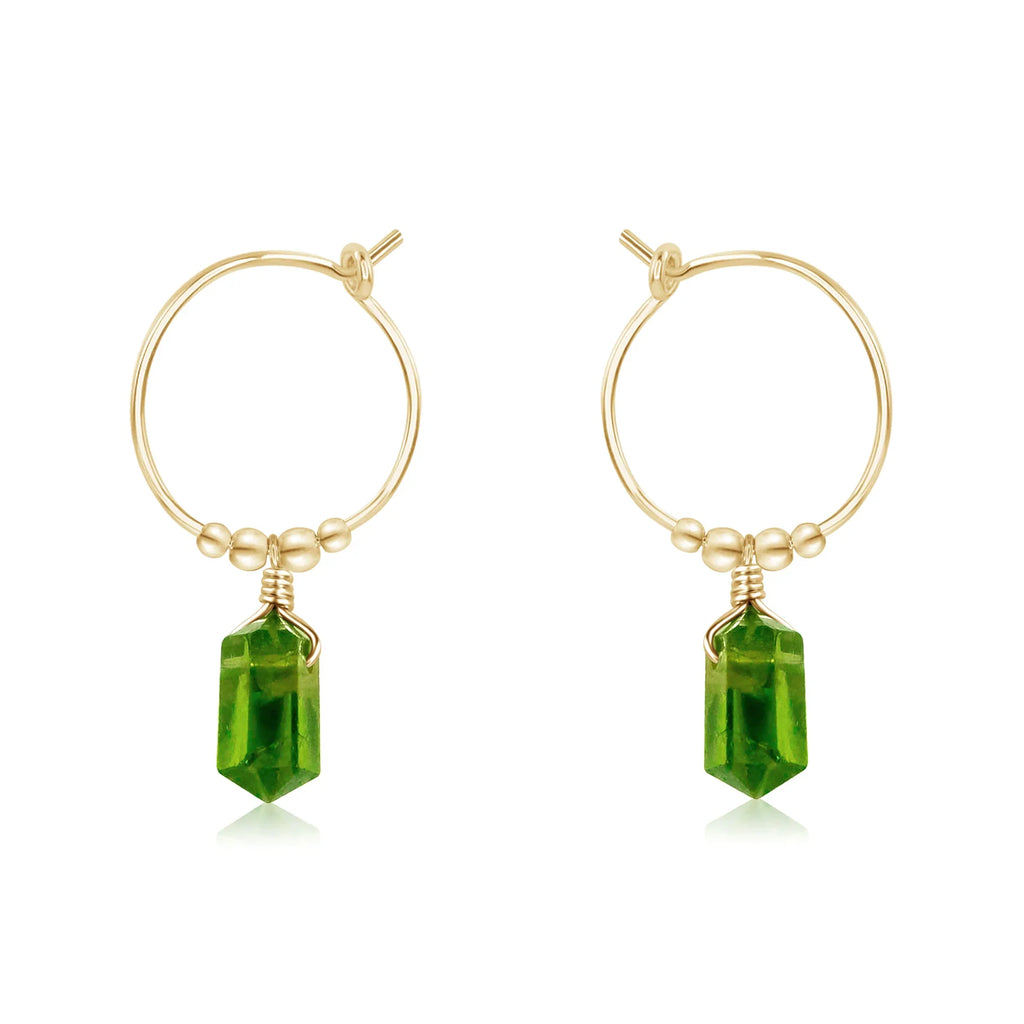 Double Terminated Peridot Mini Crystal Point Dangle Hoop Earrings