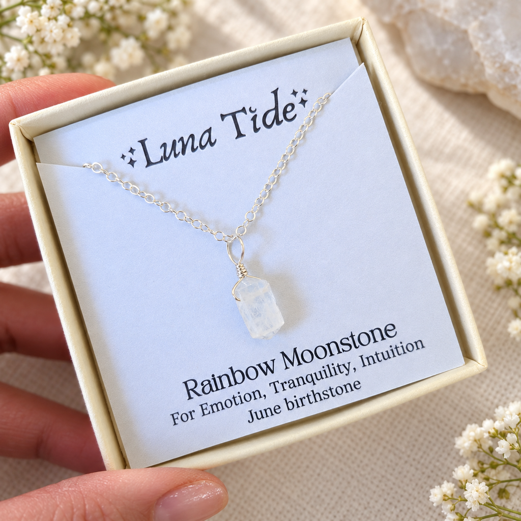 Rainbow Moonstone Mini Double Terminated Crystal Point Pendant Necklace