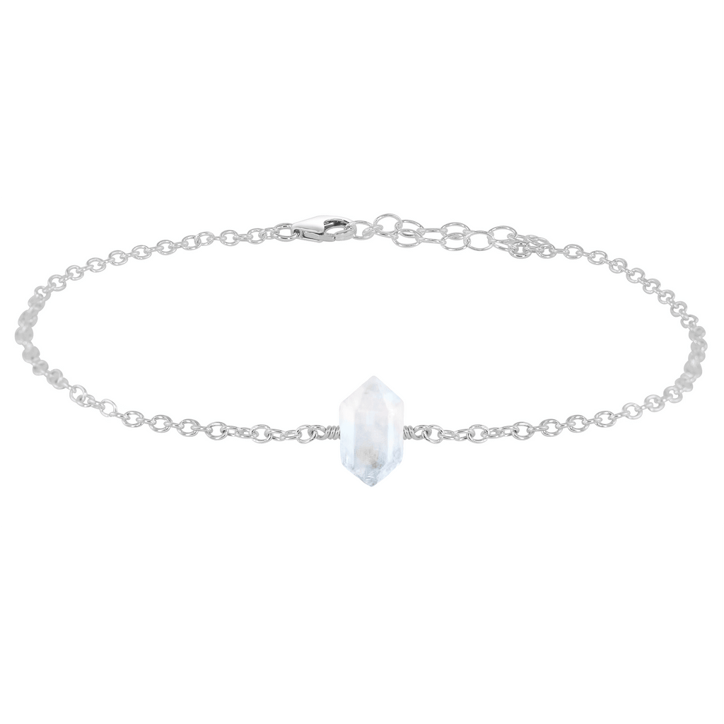 Rainbow Moonstone Double Terminated Crystal Point Anklet - Rainbow Moonstone Double Terminated Crystal Point Anklet - Sterling Silver - Luna Tide Handmade Crystal Jewellery