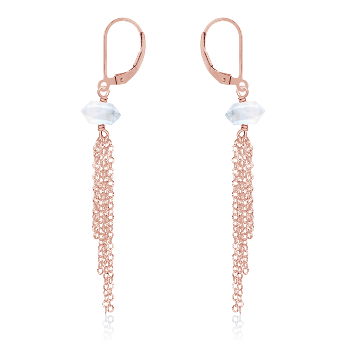 Rainbow Moonstone Double Terminated Crystal Point Tassel Earrings - Rainbow Moonstone Double Terminated Crystal Point Tassel Earrings - 14k Rose Gold Fill - Luna Tide Handmade Crystal Jewellery