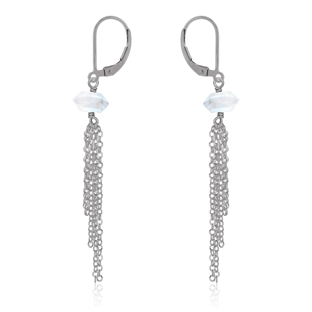Rainbow Moonstone Double Terminated Crystal Point Tassel Earrings - Rainbow Moonstone Double Terminated Crystal Point Tassel Earrings - Stainless Steel - Luna Tide Handmade Crystal Jewellery