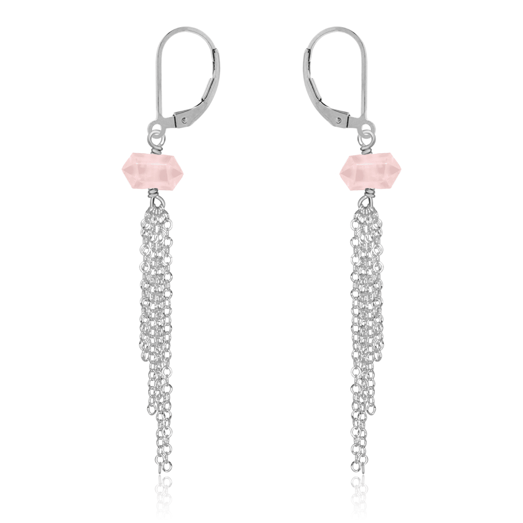 Rose Quartz Double Terminated Crystal Point Tassel Earrings - Rose Quartz Double Terminated Crystal Point Tassel Earrings - Sterling Silver - Luna Tide Handmade Crystal Jewellery