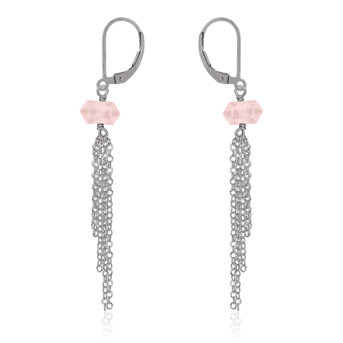 Rose Quartz Double Terminated Crystal Point Tassel Earrings - Rose Quartz Double Terminated Crystal Point Tassel Earrings - Stainless Steel - Luna Tide Handmade Crystal Jewellery
