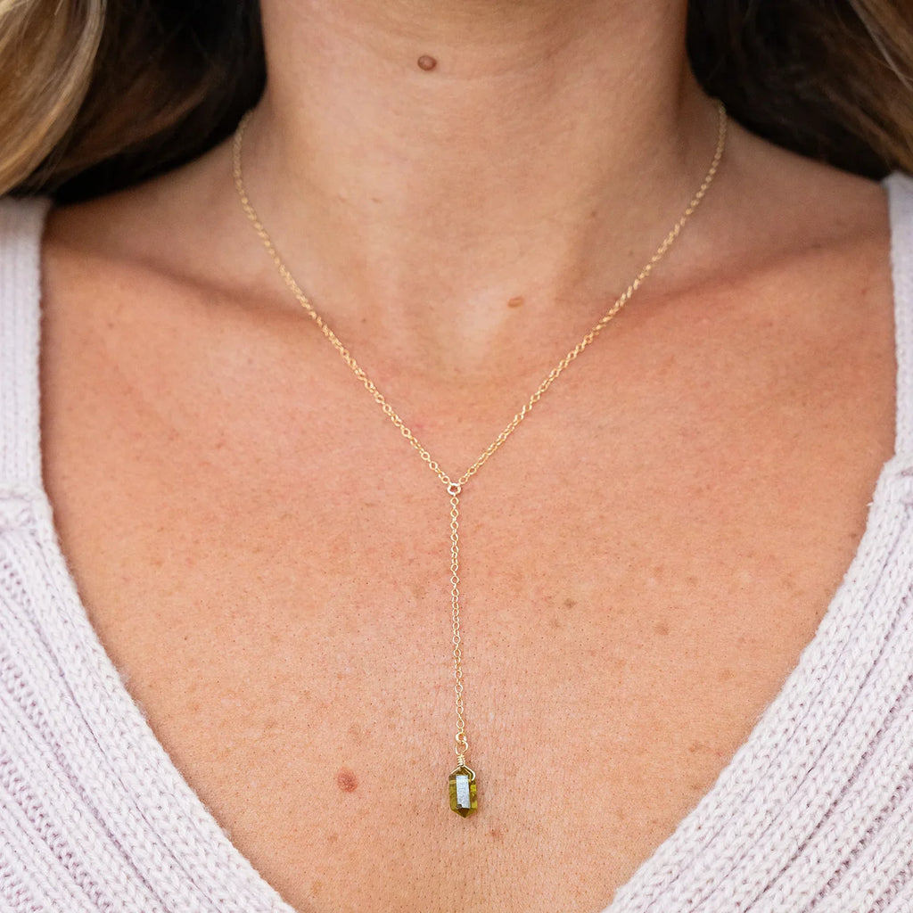 Peridot Double Terminated Mini Crystal Point Lariat Necklace