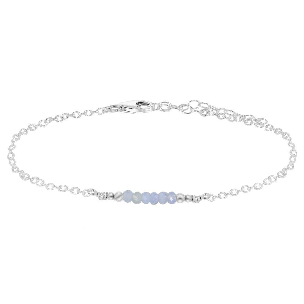 Sparkling Blue Lace Agate Gemstone Faceted Bead Bar Anklet - Sparkling Blue Lace Agate Gemstone Faceted Bead Bar Anklet - Sterling Silver - Luna Tide Handmade Crystal Jewellery