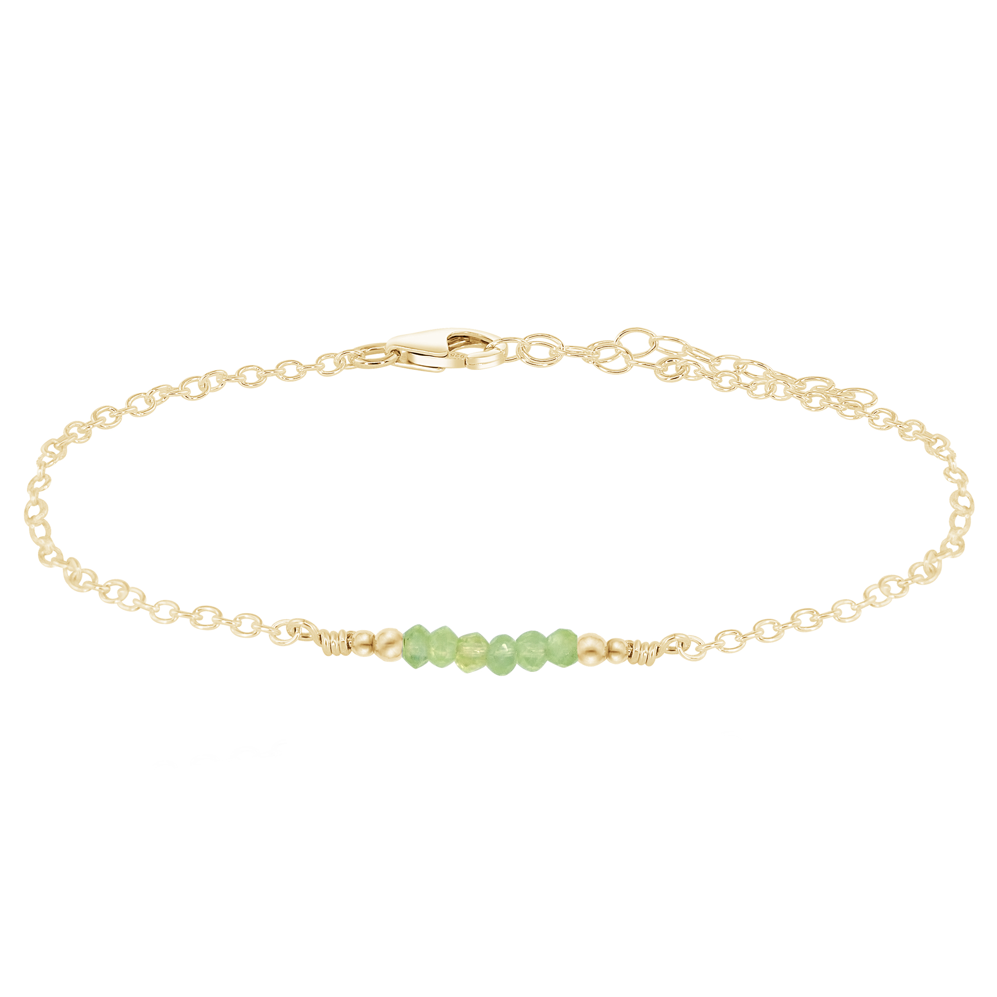 Sparkling Prehnite Gemstone Faceted Bead Bar Anklet - Sparkling Prehnite Gemstone Faceted Bead Bar Anklet - 14k Gold Fill - Luna Tide Handmade Crystal Jewellery