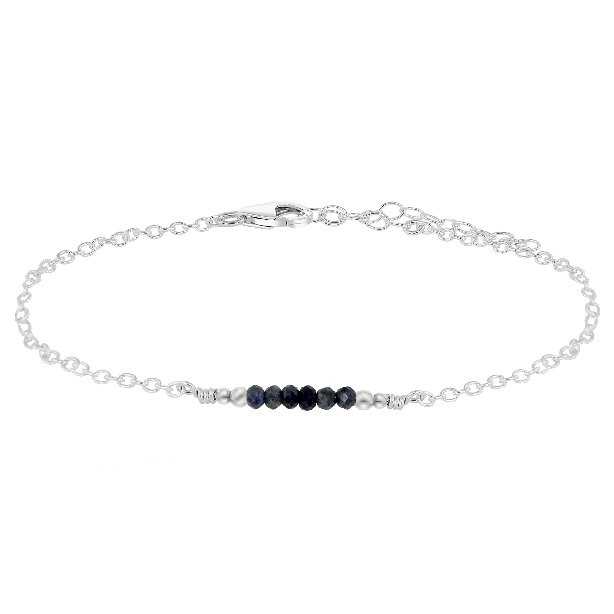 Sparkling Sapphire Gemstone Faceted Bead Bar Anklet - Sparkling Sapphire Gemstone Faceted Bead Bar Anklet - Sterling Silver - Luna Tide Handmade Crystal Jewellery