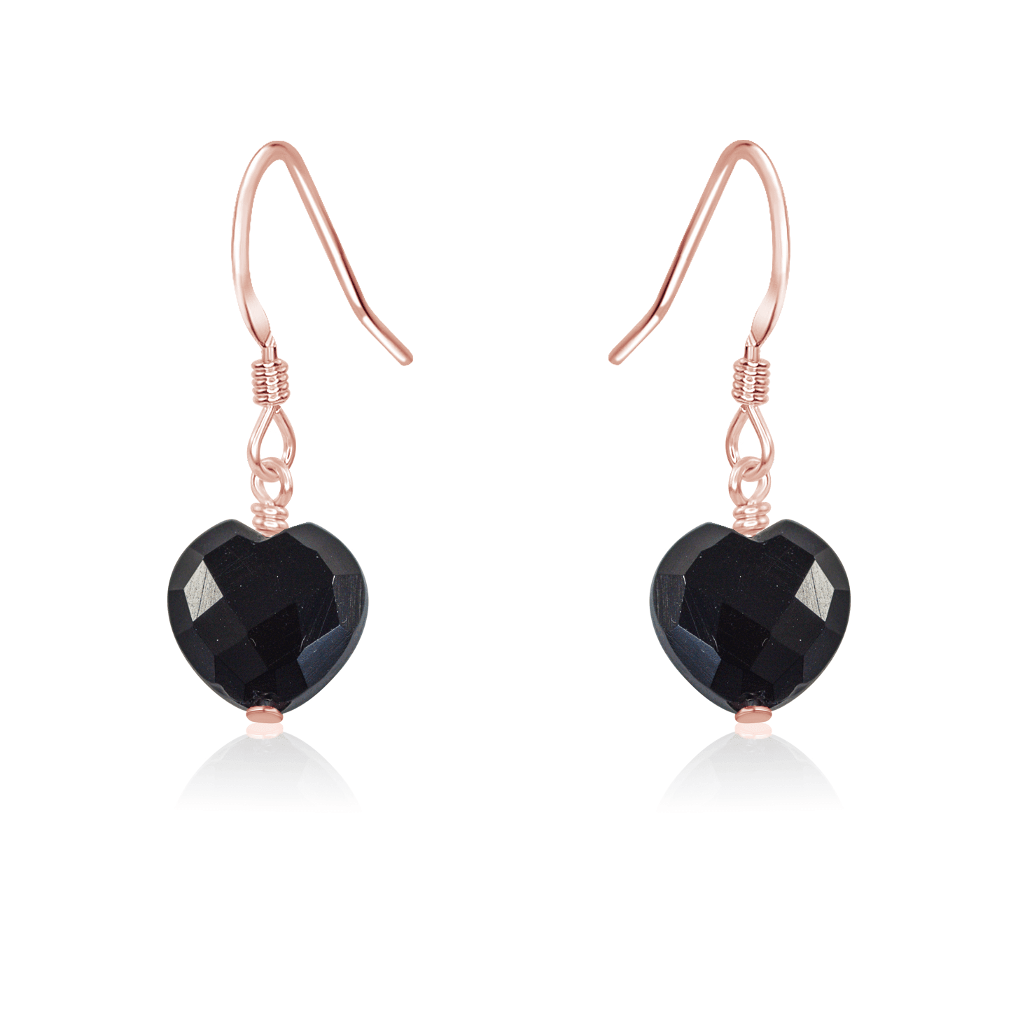 Black Onyx Crystal Heart Dangle Earrings - Black Onyx Crystal Heart Dangle Earrings - 14k Rose Gold Fill - Luna Tide Handmade Crystal Jewellery