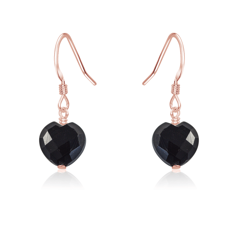 Black Onyx Crystal Heart Dangle Earrings - Black Onyx Crystal Heart Dangle Earrings - 14k Rose Gold Fill - Luna Tide Handmade Crystal Jewellery