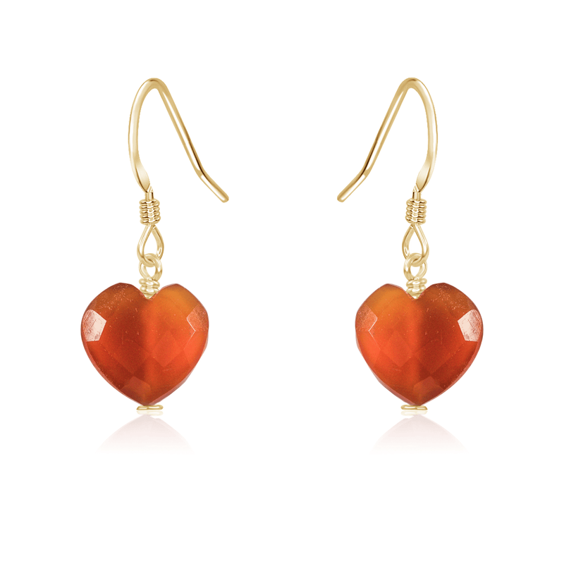 Carnelian Crystal Heart Dangle Earrings - Carnelian Crystal Heart Dangle Earrings - 14k Gold Fill - Luna Tide Handmade Crystal Jewellery