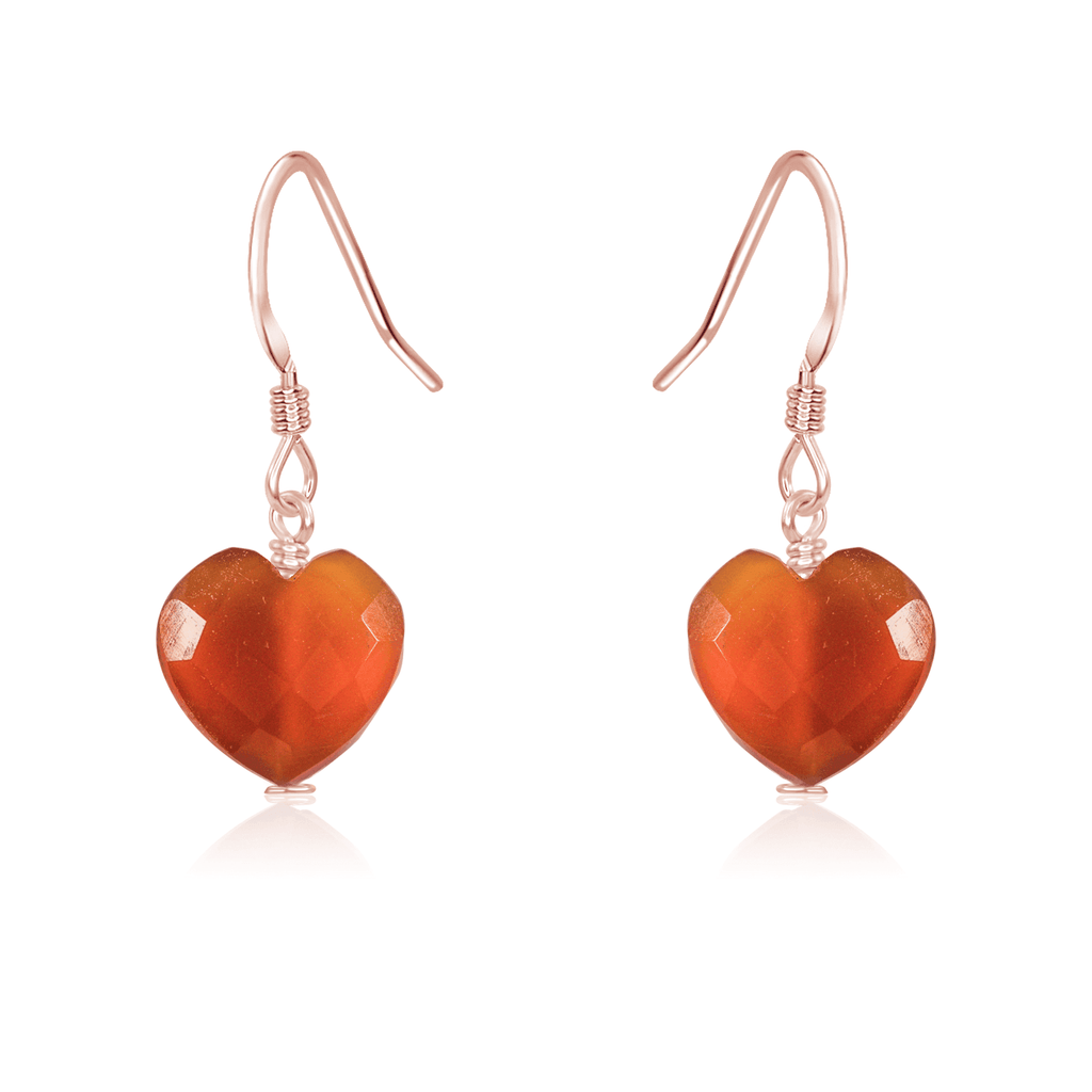Carnelian Crystal Heart Dangle Earrings - Carnelian Crystal Heart Dangle Earrings - 14k Rose Gold Fill - Luna Tide Handmade Crystal Jewellery