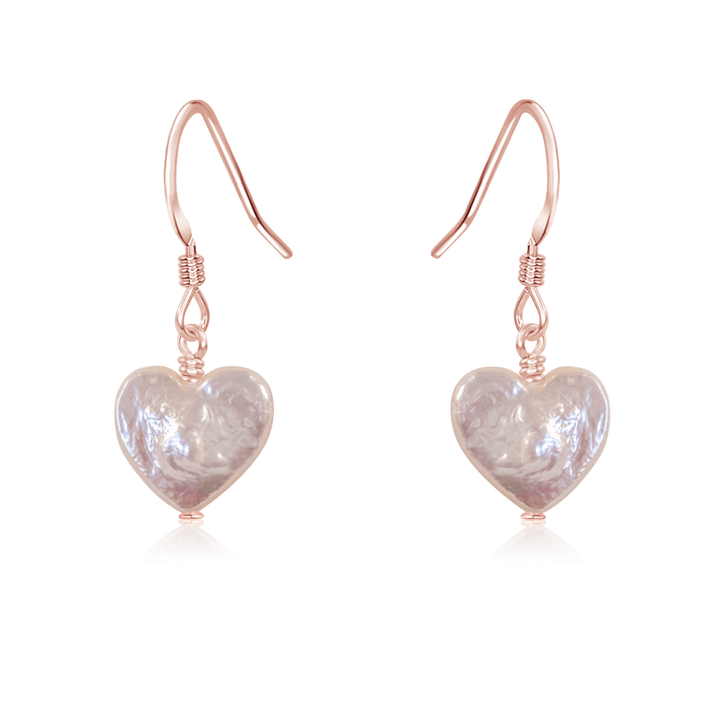 Freshwater Pearl Heart Dangle Earrings - Freshwater Pearl Heart Dangle Earrings - 14k Rose Gold Fill - Luna Tide Handmade Crystal Jewellery