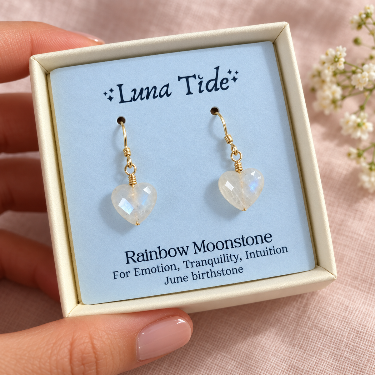 Rainbow Moonstone Crystal Heart Dangle Earrings