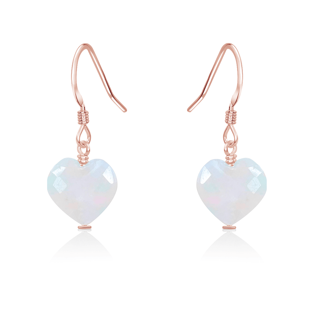 Rainbow Moonstone Crystal Heart Dangle Earrings - Rainbow Moonstone Crystal Heart Dangle Earrings - 14k Rose Gold Fill - Luna Tide Handmade Crystal Jewellery