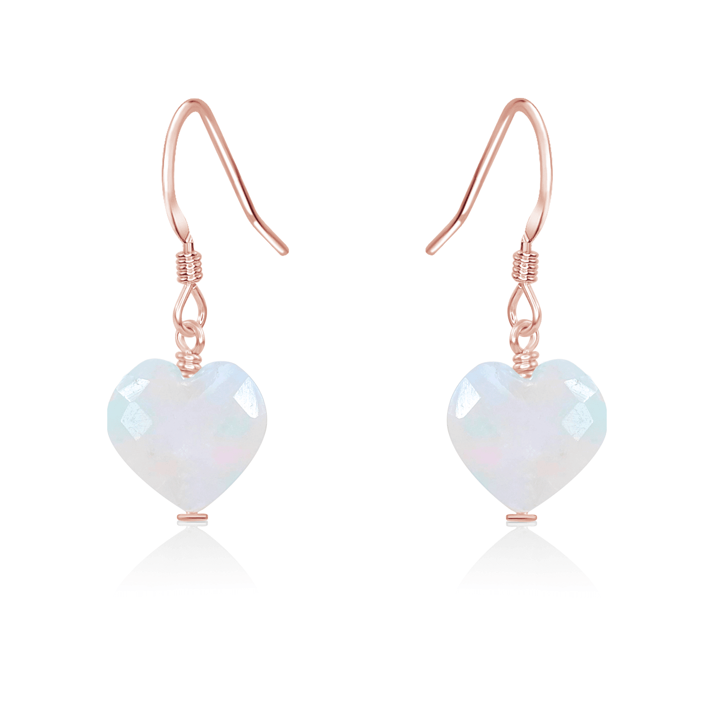 Rainbow Moonstone Crystal Heart Dangle Earrings - Rainbow Moonstone Crystal Heart Dangle Earrings - 14k Rose Gold Fill - Luna Tide Handmade Crystal Jewellery