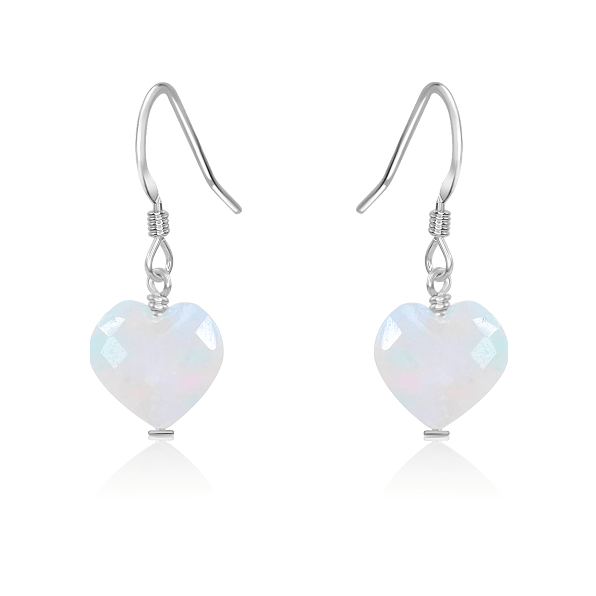 Rainbow Moonstone Crystal Heart Dangle Earrings - Rainbow Moonstone Crystal Heart Dangle Earrings - Sterling Silver - Luna Tide Handmade Crystal Jewellery