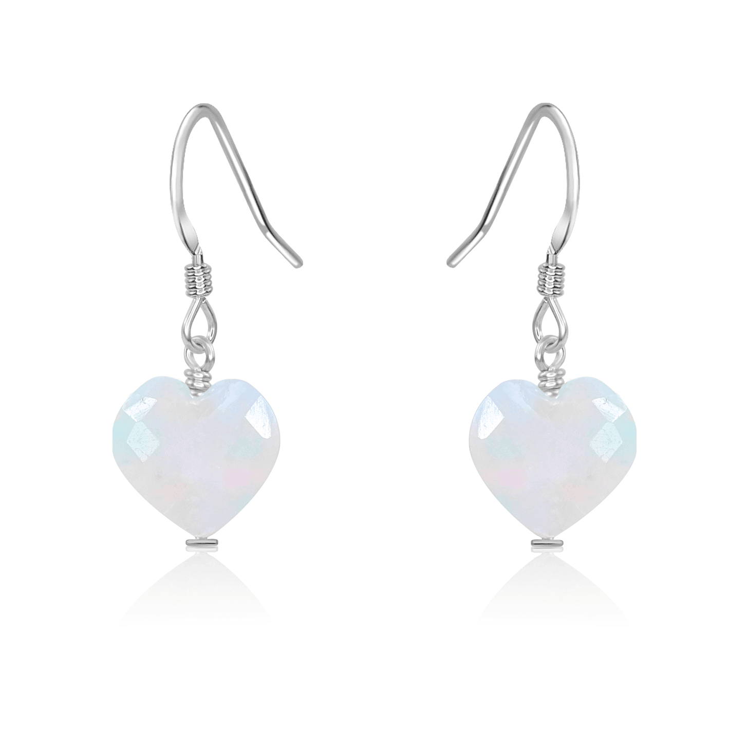 Rainbow Moonstone Crystal Heart Dangle Earrings - Rainbow Moonstone Crystal Heart Dangle Earrings - Sterling Silver - Luna Tide Handmade Crystal Jewellery
