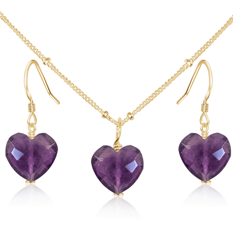 Amethyst Crystal Heart Jewellery Set - Amethyst Crystal Heart Jewellery Set - 14k Gold Fill / Satellite / Necklace & Earrings - Luna Tide Handmade Crystal Jewellery