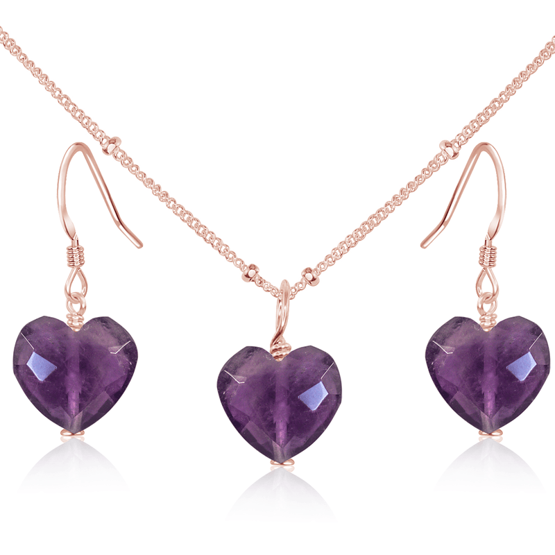 Amethyst Crystal Heart Jewellery Set - Amethyst Crystal Heart Jewellery Set - 14k Rose Gold Fill / Satellite / Necklace & Earrings - Luna Tide Handmade Crystal Jewellery