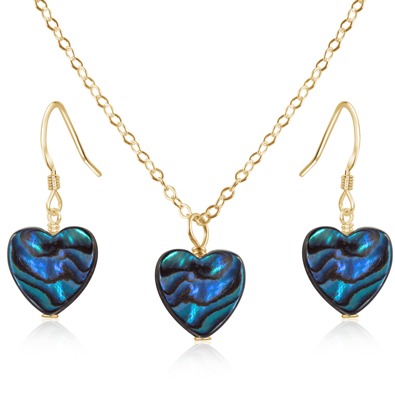 Abalone Shell Heart Jewellery Set - Abalone Shell Heart Jewellery Set - 14k Gold Fill / Cable / Necklace & Earrings - Luna Tide Handmade Crystal Jewellery