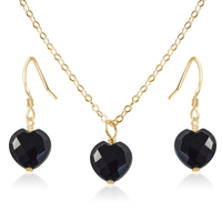Black Onyx Crystal Heart Jewellery Set - Black Onyx Crystal Heart Jewellery Set - 14k Gold Fill / Cable / Necklace & Earrings - Luna Tide Handmade Crystal Jewellery