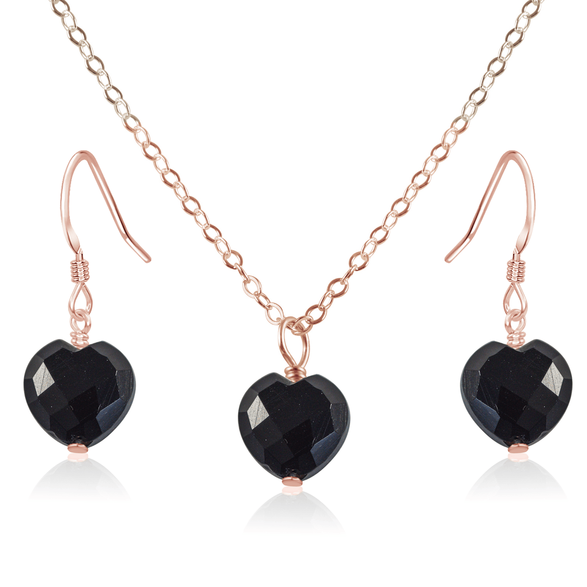 Black Onyx Crystal Heart Jewellery Set - Black Onyx Crystal Heart Jewellery Set - 14k Rose Gold Fill / Cable / Necklace & Earrings - Luna Tide Handmade Crystal Jewellery