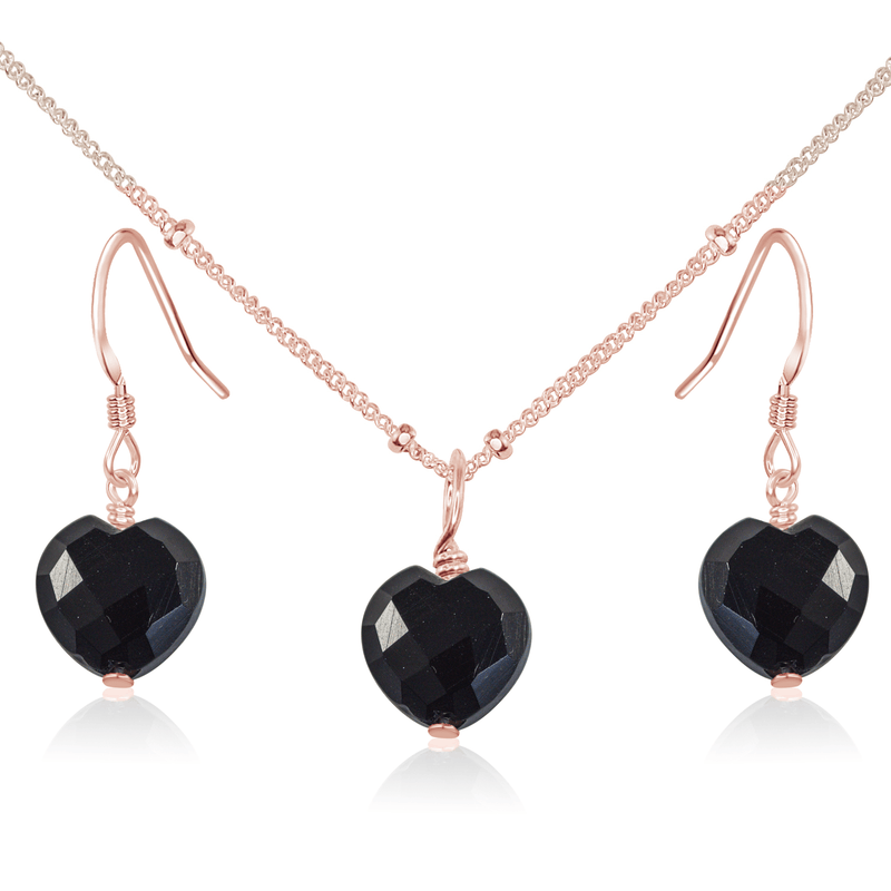 Black Onyx Crystal Heart Jewellery Set - Black Onyx Crystal Heart Jewellery Set - 14k Rose Gold Fill / Satellite / Necklace & Earrings - Luna Tide Handmade Crystal Jewellery