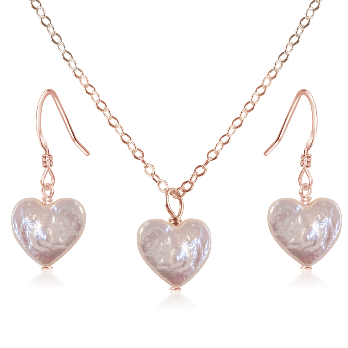 Freshwater Pearl Heart Jewellery Set - Freshwater Pearl Heart Jewellery Set - 14k Rose Gold Fill / Cable / Necklace & Earrings - Luna Tide Handmade Crystal Jewellery