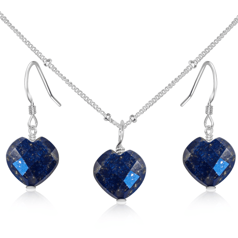 Lapis Lazuli Crystal Heart Jewellery Set - Lapis Lazuli Crystal Heart Jewellery Set - Sterling Silver / Satellite / Necklace & Earrings - Luna Tide Handmade Crystal Jewellery