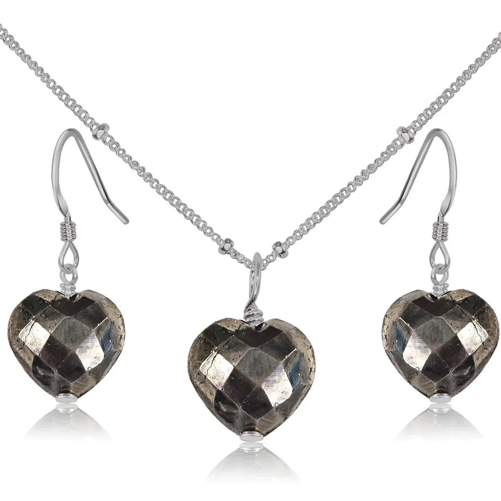 Pyrite Crystal Heart Jewellery Set - Pyrite Crystal Heart Jewellery Set - Stainless Steel / Satellite / Necklace & Earrings - Luna Tide Handmade Crystal Jewellery