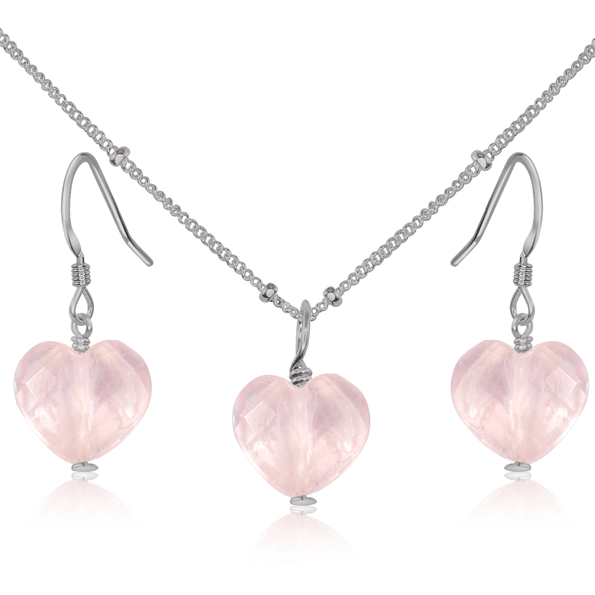Rose Quartz Crystal Heart Jewellery Set - Rose Quartz Crystal Heart Jewellery Set - Stainless Steel / Satellite / Necklace & Earrings - Luna Tide Handmade Crystal Jewellery