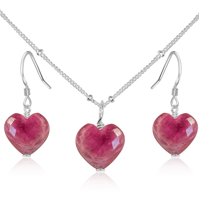 Ruby Crystal Heart Jewellery Set - Ruby Crystal Heart Jewellery Set - Sterling Silver / Satellite / Necklace & Earrings - Luna Tide Handmade Crystal Jewellery