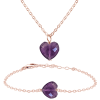 Amethyst Crystal Heart Jewellery Set - Amethyst Crystal Heart Jewellery Set - 14k Rose Gold Fill / Cable / Necklace & Bracelet - Luna Tide Handmade Crystal Jewellery