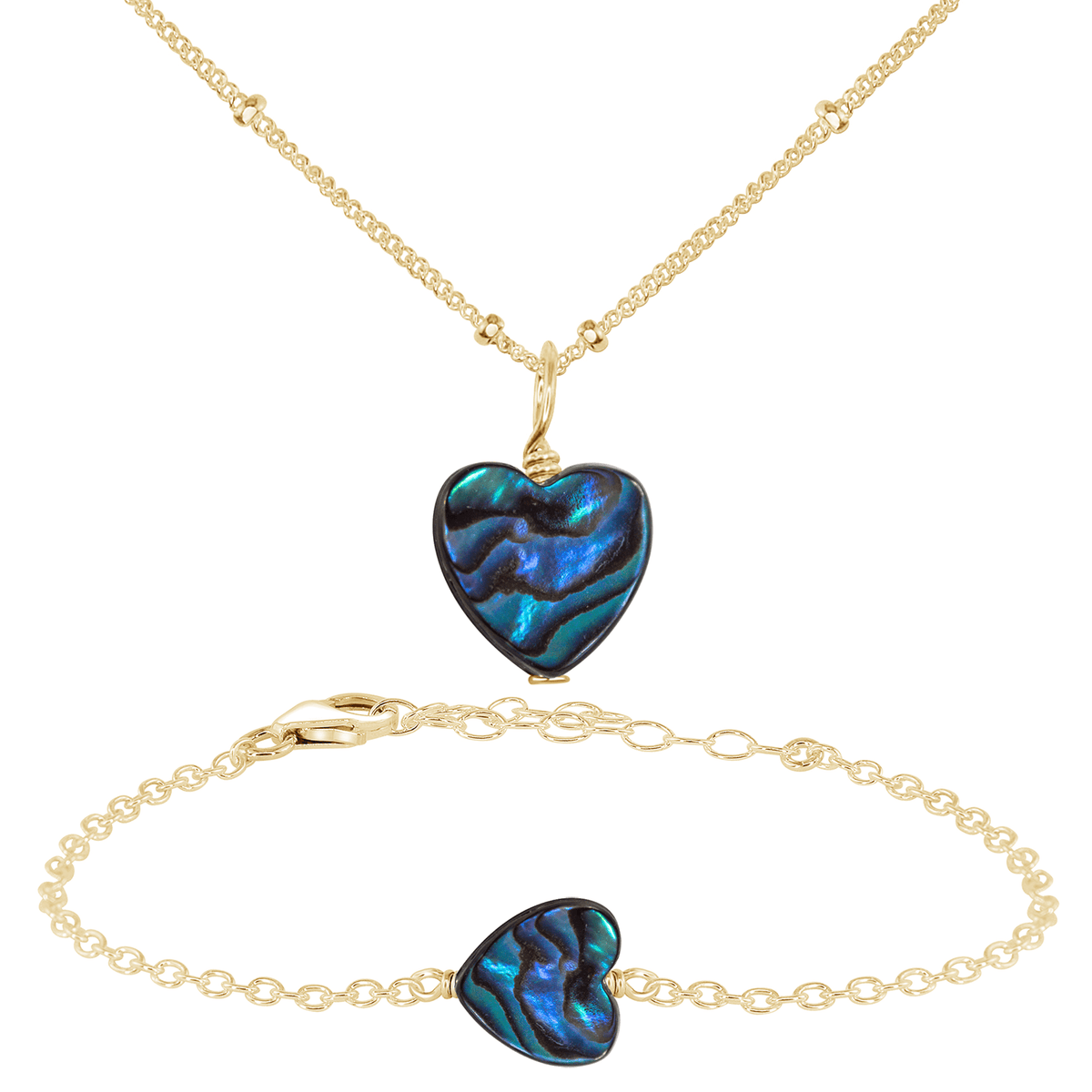 Abalone Shell Heart Jewellery Set - Abalone Shell Heart Jewellery Set - 14k Gold Fill / Satellite / Necklace & Bracelet - Luna Tide Handmade Crystal Jewellery
