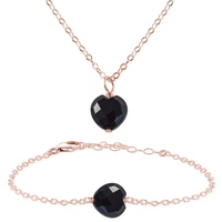 Black Onyx Crystal Heart Jewellery Set - Black Onyx Crystal Heart Jewellery Set - 14k Rose Gold Fill / Cable / Necklace & Bracelet - Luna Tide Handmade Crystal Jewellery