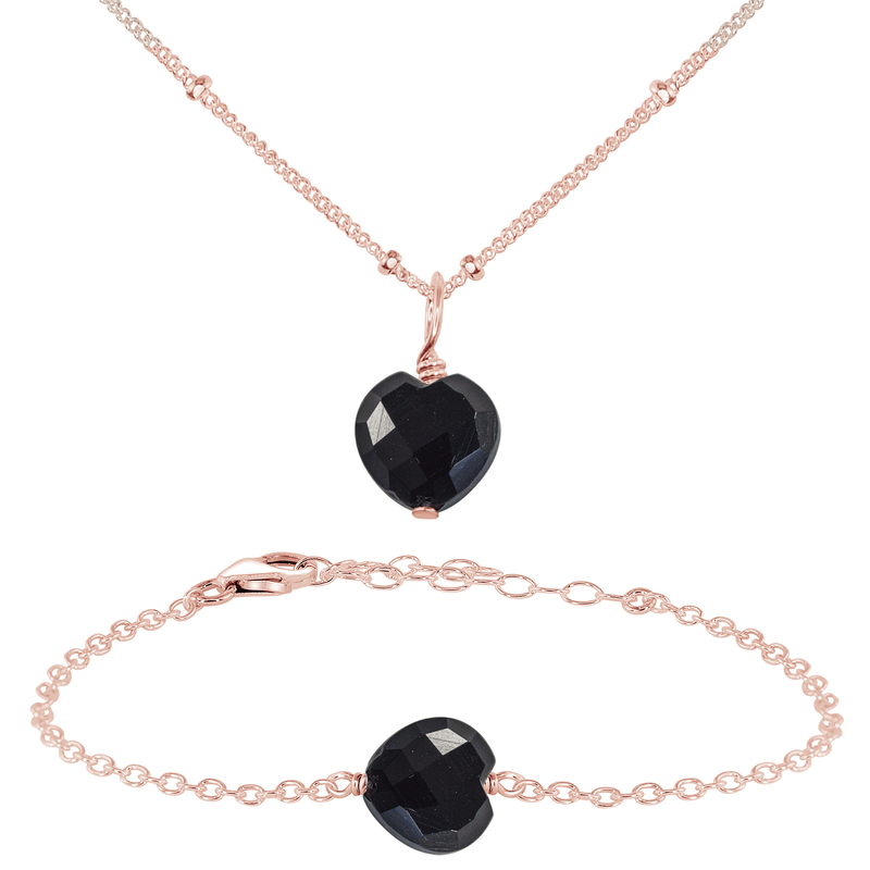 Black Onyx Crystal Heart Jewellery Set - Black Onyx Crystal Heart Jewellery Set - 14k Rose Gold Fill / Satellite / Necklace & Bracelet - Luna Tide Handmade Crystal Jewellery