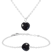 Black Onyx Crystal Heart Jewellery Set - Black Onyx Crystal Heart Jewellery Set - Sterling Silver / Cable / Necklace & Bracelet - Luna Tide Handmade Crystal Jewellery