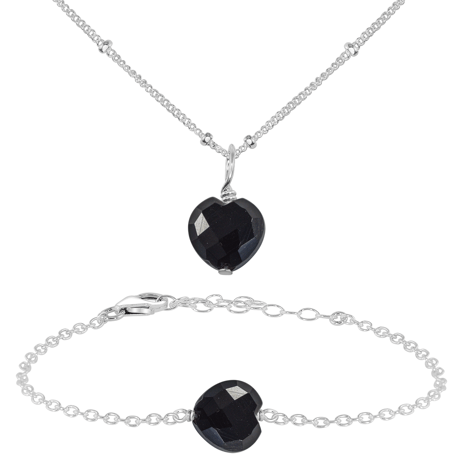Black Onyx Crystal Heart Jewellery Set - Black Onyx Crystal Heart Jewellery Set - Sterling Silver / Satellite / Necklace & Bracelet - Luna Tide Handmade Crystal Jewellery