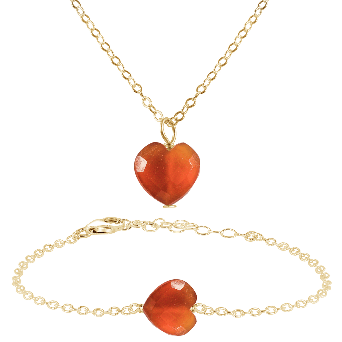 Carnelian Crystal Heart Jewellery Set - Carnelian Crystal Heart Jewellery Set - 14k Gold Fill / Cable / Necklace & Bracelet - Luna Tide Handmade Crystal Jewellery
