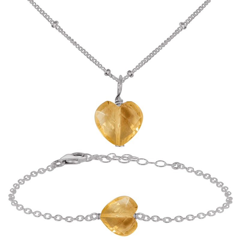 Citrine Crystal Heart Jewellery Set - Citrine Crystal Heart Jewellery Set - Stainless Steel / Satellite / Necklace & Bracelet - Luna Tide Handmade Crystal Jewellery