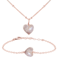 Freshwater Pearl Heart Jewellery Set - Freshwater Pearl Heart Jewellery Set - 14k Rose Gold Fill / Satellite / Necklace & Bracelet - Luna Tide Handmade Crystal Jewellery