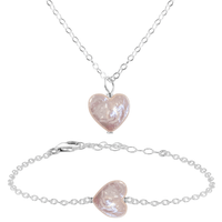 Freshwater Pearl Heart Jewellery Set - Freshwater Pearl Heart Jewellery Set - Sterling Silver / Cable / Necklace & Bracelet - Luna Tide Handmade Crystal Jewellery