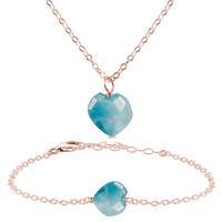 Larimar Crystal Heart Jewellery Set - Larimar Crystal Heart Jewellery Set - 14k Rose Gold Fill / Cable / Necklace & Bracelet - Luna Tide Handmade Crystal Jewellery