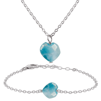Larimar Crystal Heart Jewellery Set - Larimar Crystal Heart Jewellery Set - Stainless Steel / Cable / Necklace & Bracelet - Luna Tide Handmade Crystal Jewellery