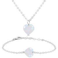 Rainbow Moonstone Crystal Heart Jewellery Set - Rainbow Moonstone Crystal Heart Jewellery Set - Sterling Silver / Cable / Necklace & Bracelet - Luna Tide Handmade Crystal Jewellery