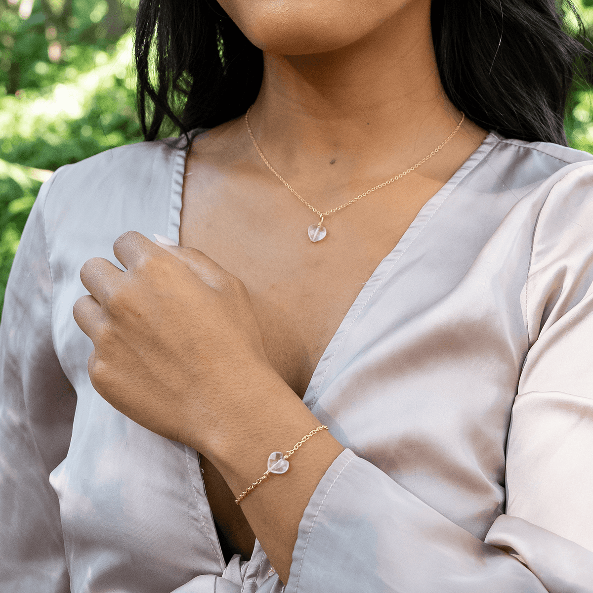 Rose Quartz Crystal Heart Jewellery Set - Rose Quartz Crystal Heart Jewellery Set - 14k Gold Fill / Cable / Necklace & Earrings & Bracelet - Luna Tide Handmade Crystal Jewellery